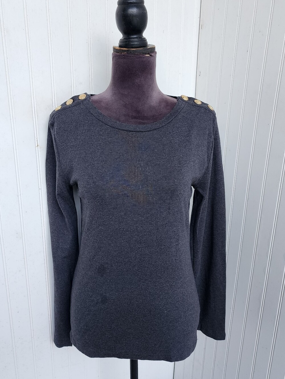 J.Crew Charcoal Gray Long-Sleeve Perfect Tee Gold Button Shoulders 100% Cotton M
